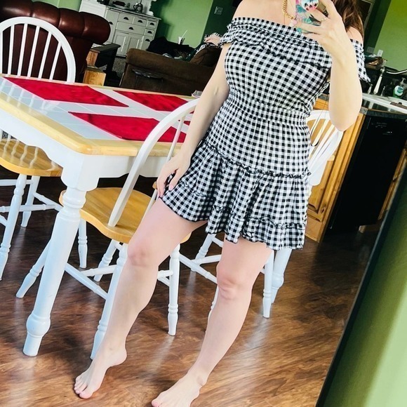 Majorelle off the shoulder black & white ruffle plaid checkers mini dress XS